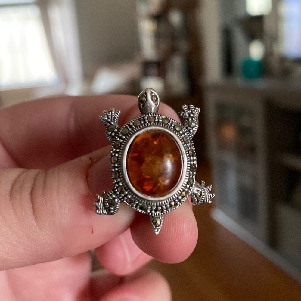 Sterling, amber and pyrite turtle brooch.